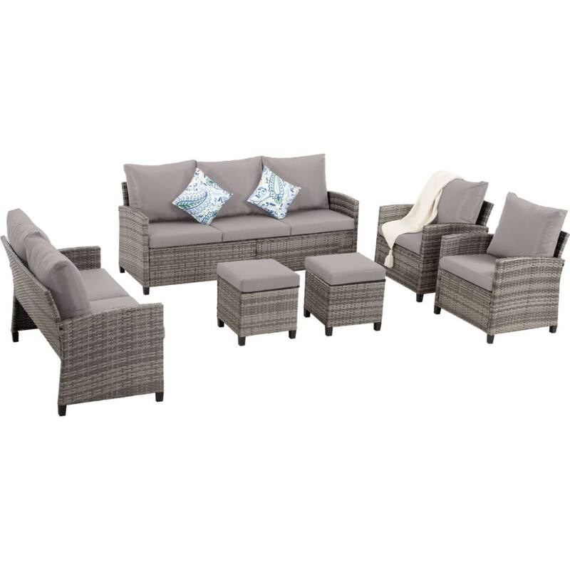 6pcs Wicker Patio Conversation Set Seating Loveseat Sofa with Ottomans