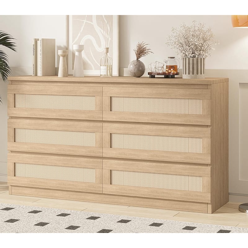 6 Drawer Dresser, Rattan Chest of Dressers - Oak
