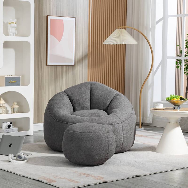 Fluffy Bean Bag Chair with Memory Foam & Ottoman for Living Room, Bedroom - Black