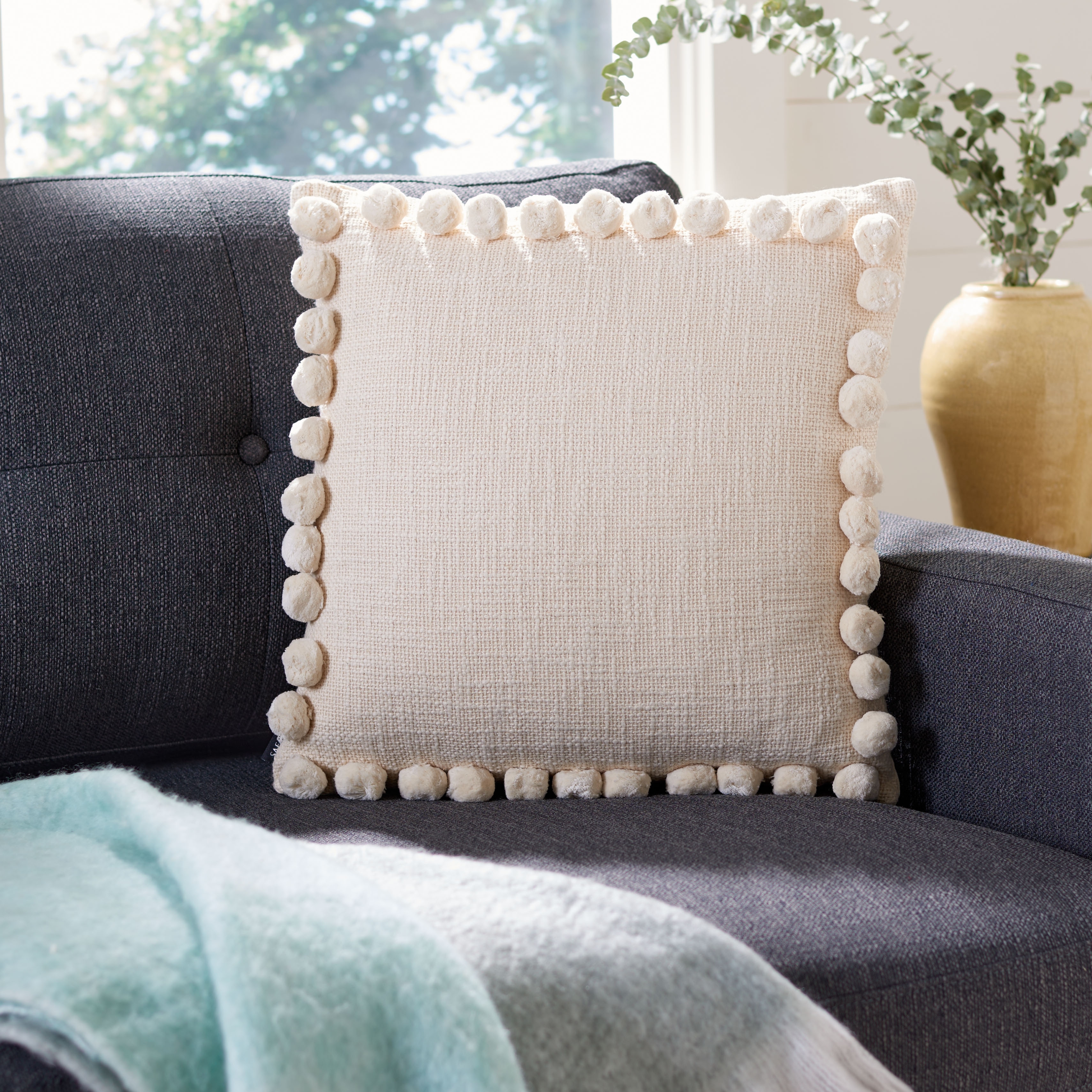 SAFAVIEH Jumana Beige Pom Pom 18-inch Decorative Throw Pillow