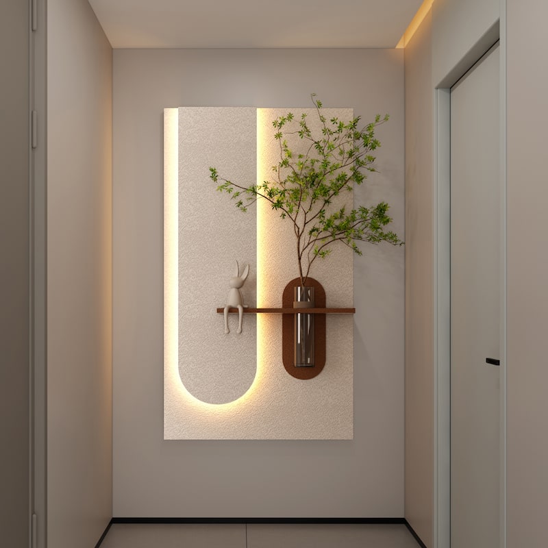 Adjustable 3-Color LED Sandstone Wall Decor with Simulated Plants -3D Art Sculpture,Glass Vase & Rabbit Statue,Remote Control - Light Coffee