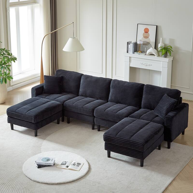 122.5" Corduroy U-Shaped Sectional Sofa with Ottomans & Pillows