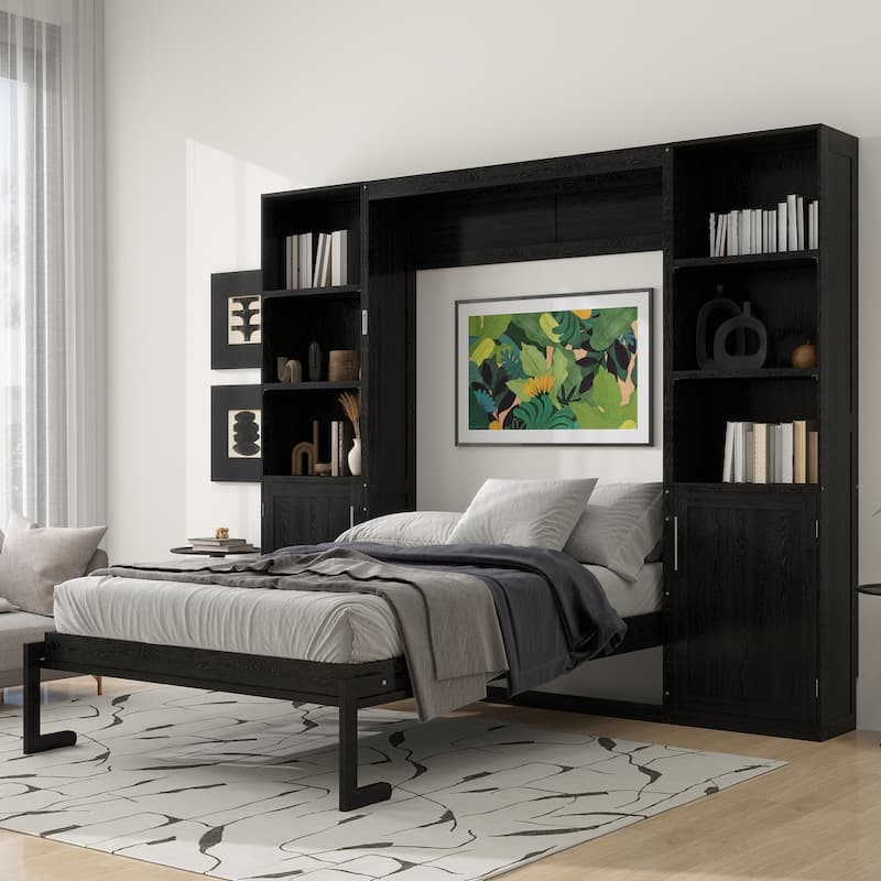 Queen Murphy Bed Wall Bed with Open Shelves and Enclosed Cabinets on Sides Multifunctional Space-Saving Solution for GUest Room - Black - Queen