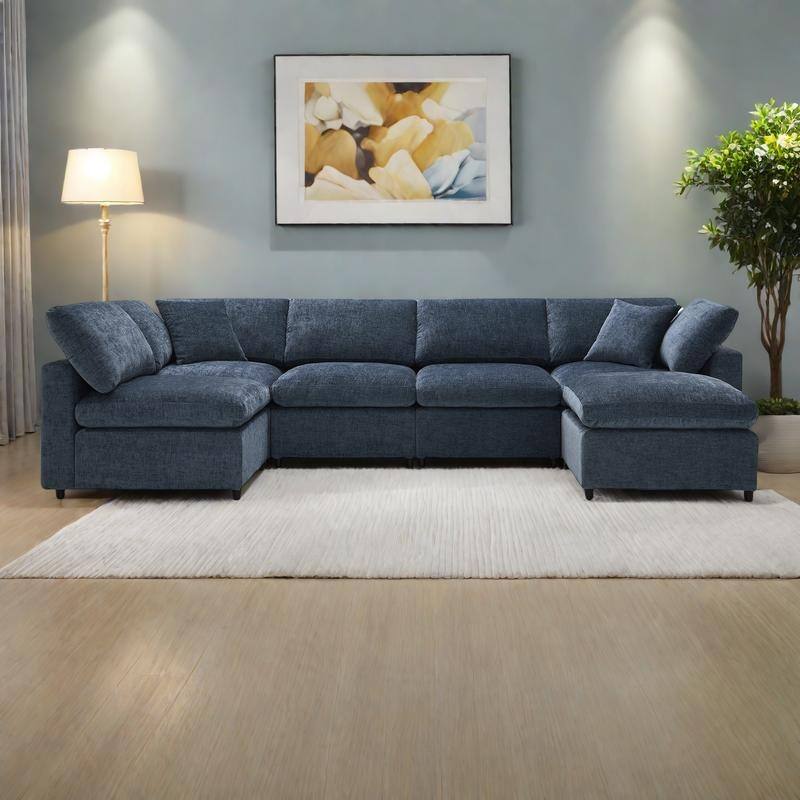 130" Chenille Modular Cloud Sofa with Ottoman, U-Shaped 6-Seater, 330lb Capacity - Dark Blue