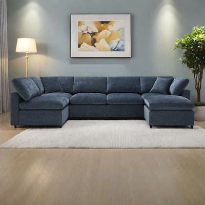 130" Chenille Modular Cloud Sofa with Ottoman, U-Shaped 6-Seater, 330lb Capacity