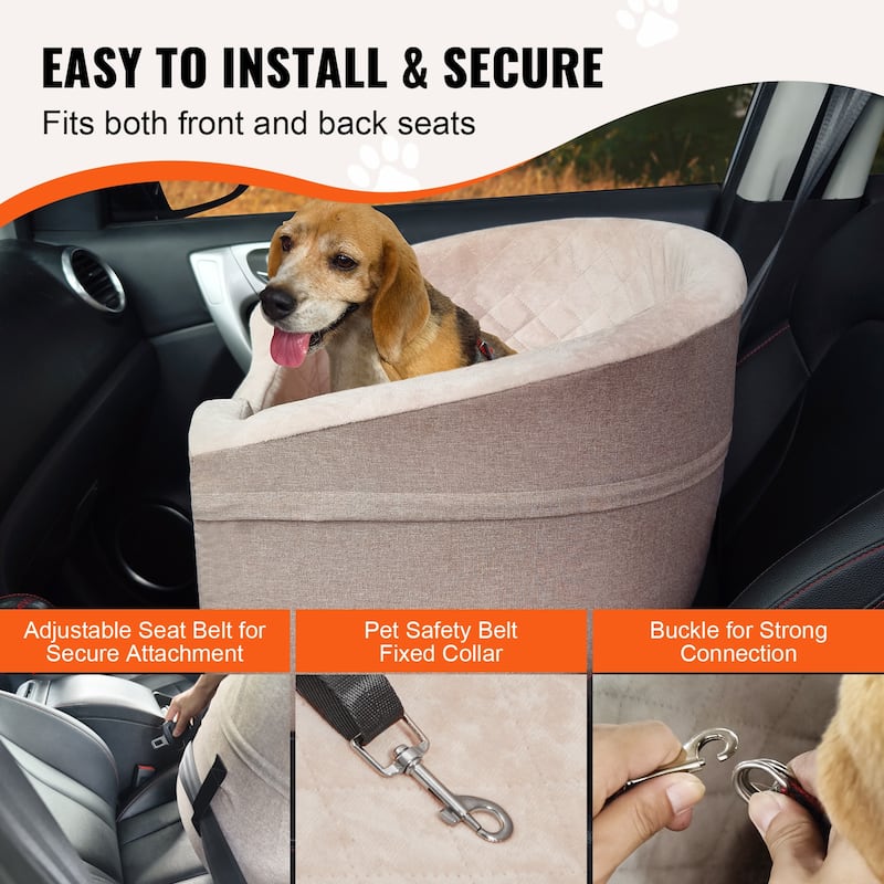 Dog Car Seat, Waterproof Dog Booster Seat for Car with A Storage Pocket, Clip-On Safety Leash and Sponge Filling