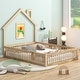preview thumbnail 1 of 17, House-shaped Design Bed Full Size House Bed Rustic Country Floor Bed Wood Frame with Chimney, Fence Guardrail and Door Natural - Full