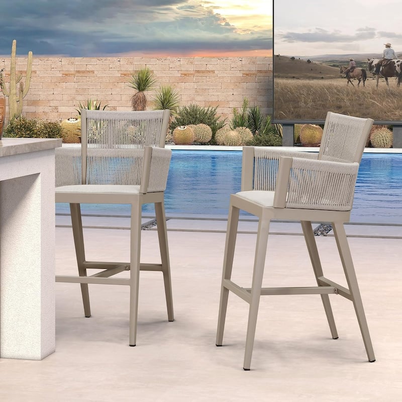 PURPLE LEAF Outdoor Bar Stools Chair Set of 2, All Weather Rattan and Aluminum Patio Bar Stool with Cushion - Cream-Height stool