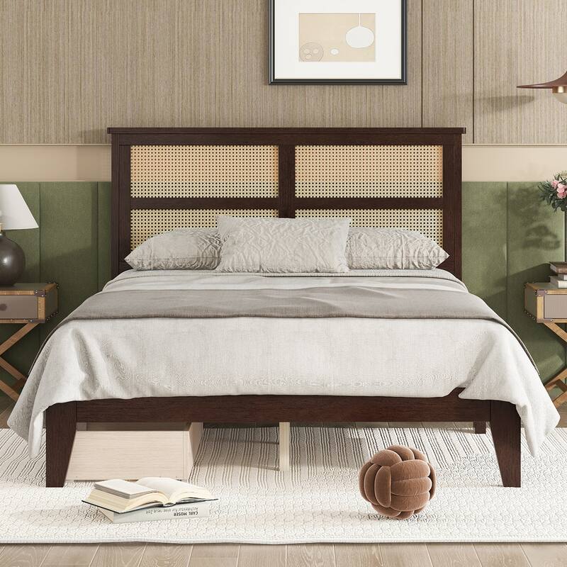Full Size Bed with Rattan Headboard, Two Storage Drawers, Rubber Wood Frame, Espresso Finish