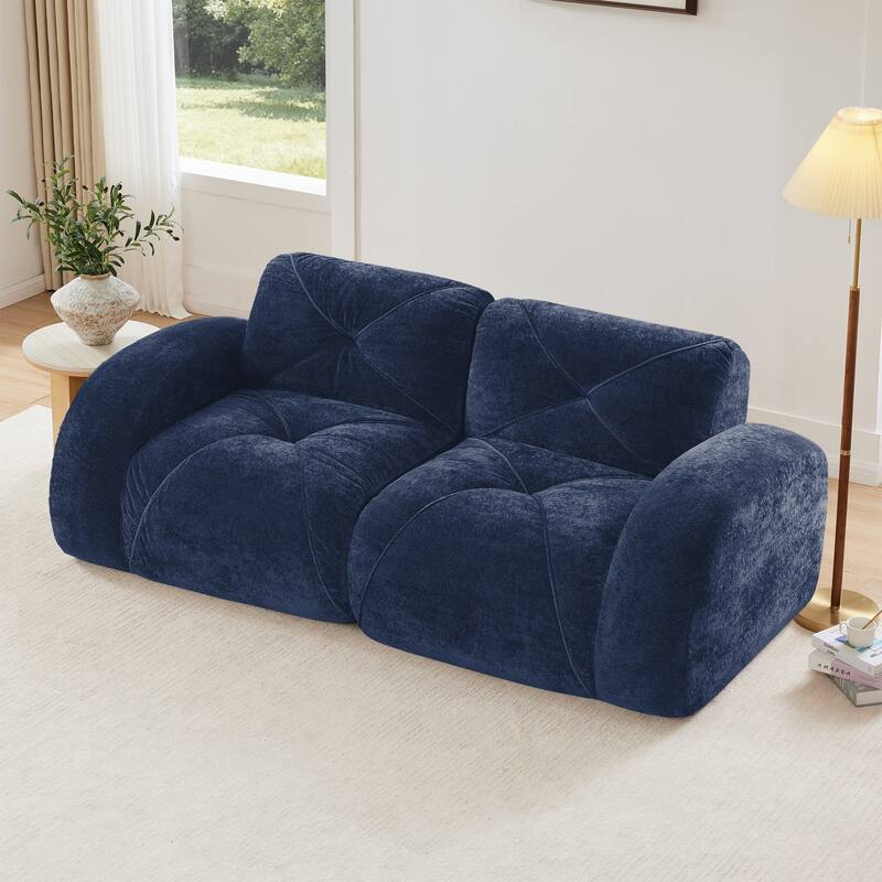 Velvet Tufted Loveseat Sofa Modular Couch, Boneless Deep Seat 2-Seater Couch, Available with/without Ottoman - Blue - 2 Seat