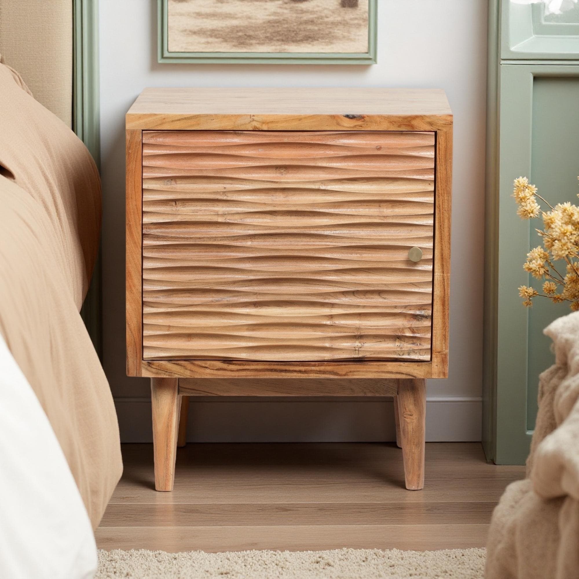 20"L Acacia Wood Nightstand with Carved Texture, Tapered Legs & One-Door Cabinet, Handcrafted Boho Design