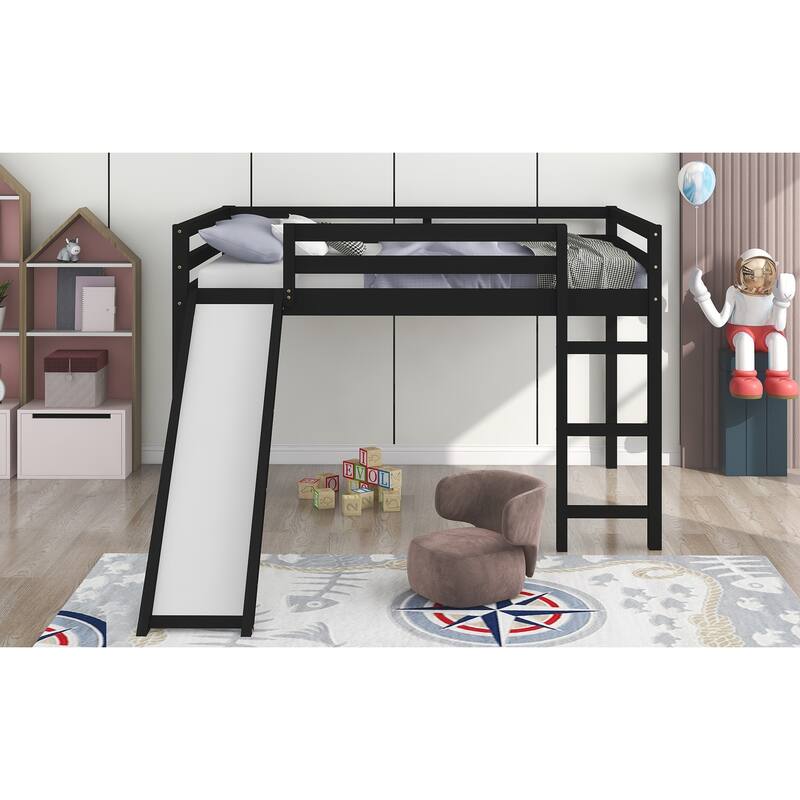 Elegant Solid Pine Wood Full Loft Bed, Slide, Guard Rails Bed Bath