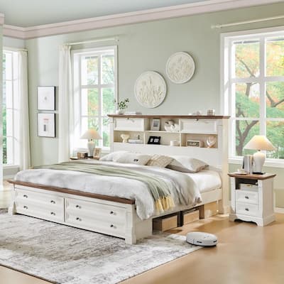 Farmhouse King Size Bed Frame with 54" Tall Storage Bookcase Headboard