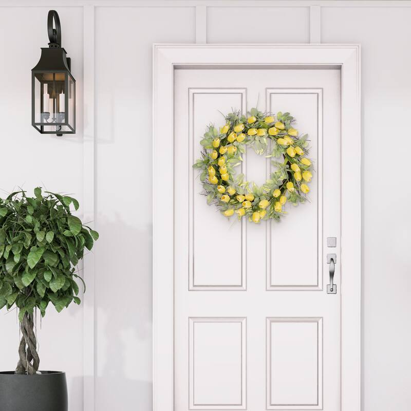 30" Artificial Tulip Floral Spring Wreath With Green Leaves