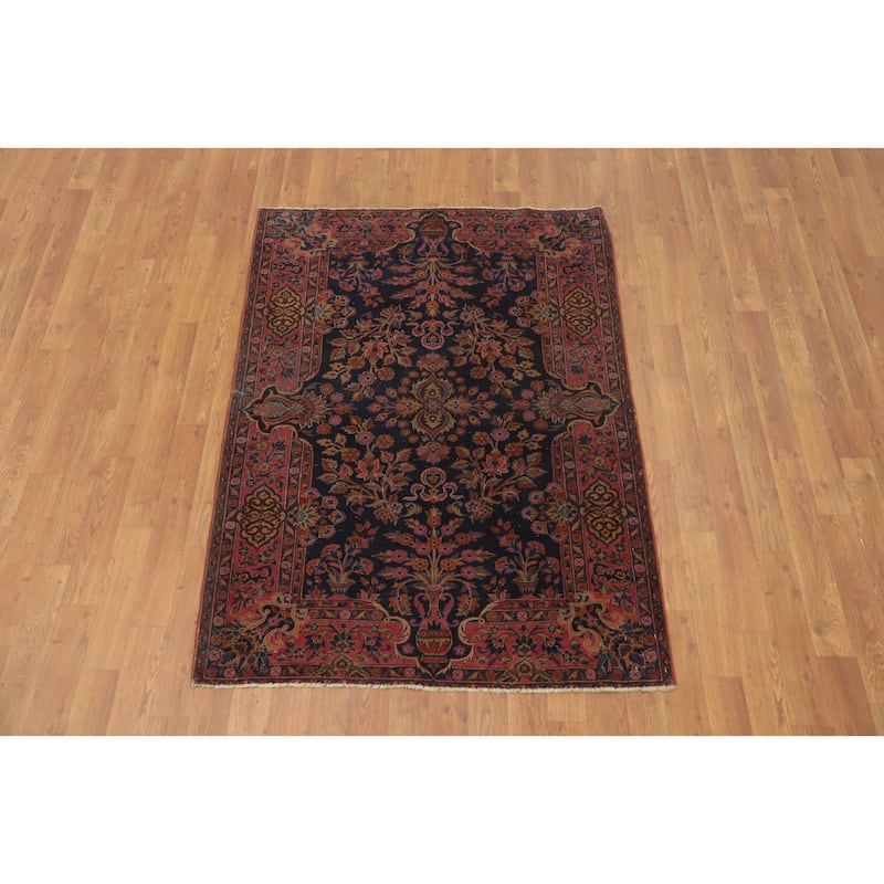 Hand Knotted Oriental 100% Wool Carpet Traditional Floral Navy Blue & Blues Kashan Area Rug - 4' 11'' X 3' 6''
