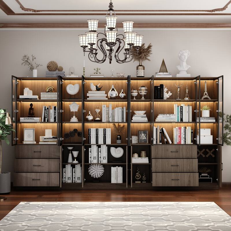 LED-Lit Wood Grain Cabinet - Configurable Storage for Home or Office