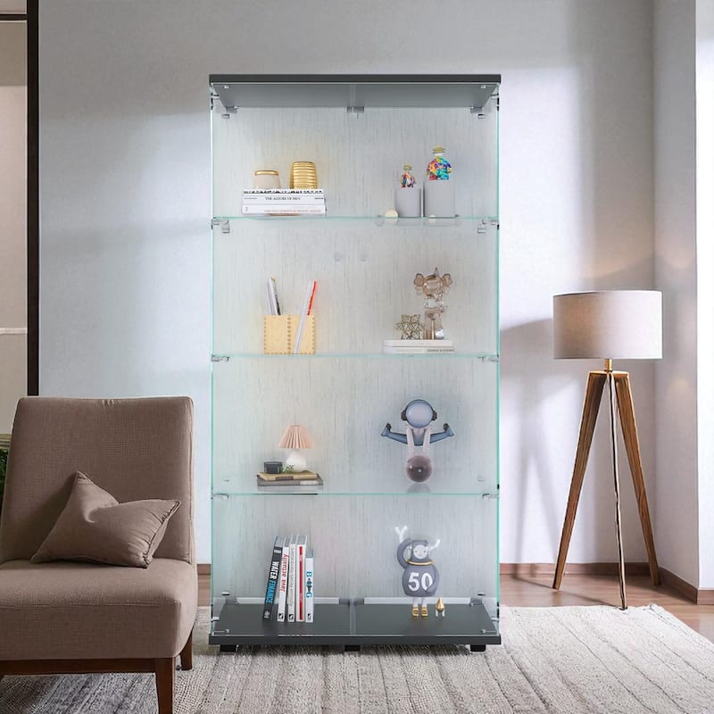 4 Shelves Glass Display Cabinet Door Curio Bookshelf for Home,Office - Black