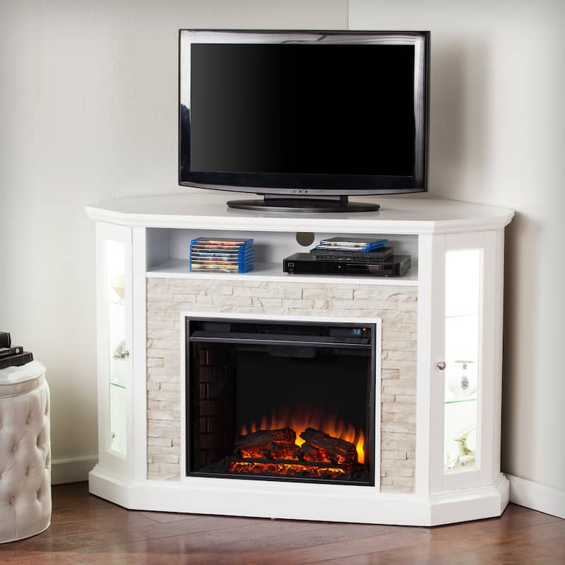 SEI Furniture Ratner Faux Stone Fresh White Corner Convertible Fireplace