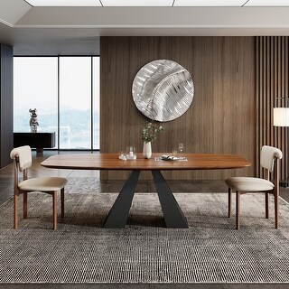 86" Mid Century Modern Dining Table, Brown Solid Wood Tabletop with ...