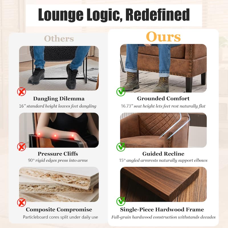 HOMEFUN Leather Upholstered Nailhead Wooden Frame Barrel Club Chair with Solid Woood Legs