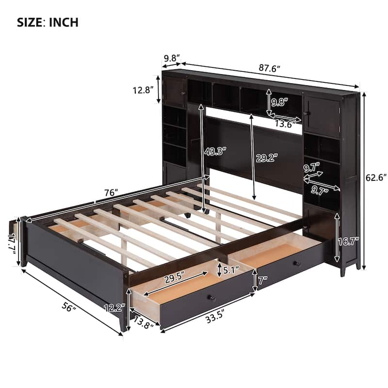 Full Size Wooden Bed With All-in-One Cabinet and Shelf, White