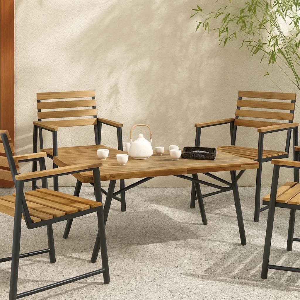 Patio Coffee Table, Slatted Top, Brown Iron, 50 Inch Teak Brown Acacia