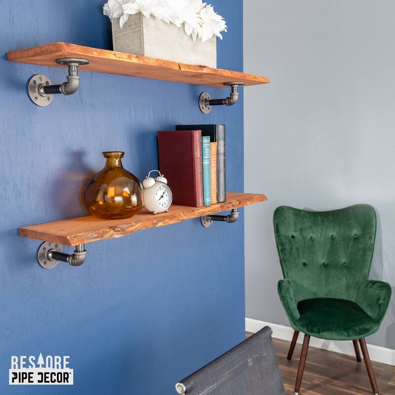 PIPE DECOR Live Edge Reclaimed Wood Shelf with Industrial Pipe Brackets, Set of 2