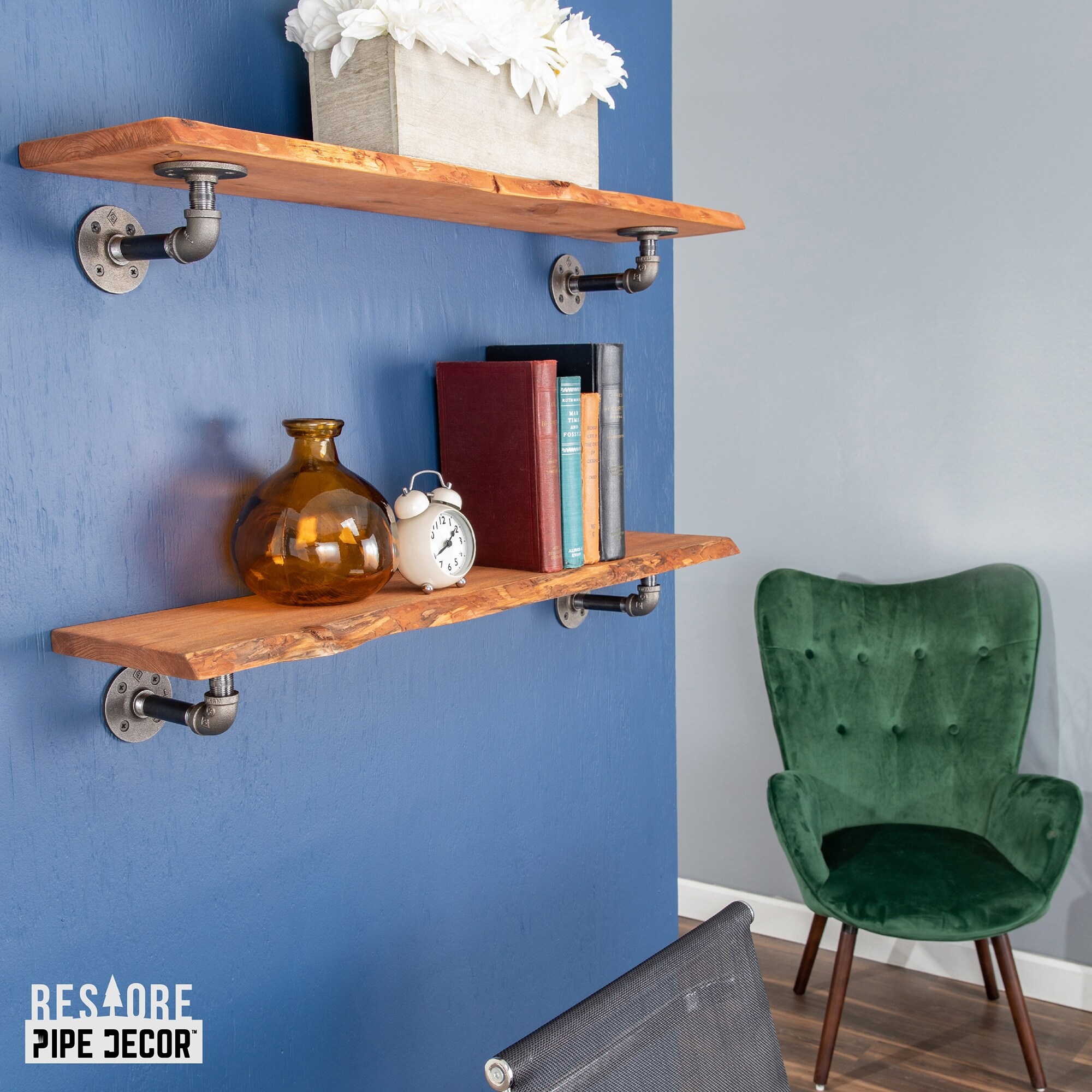 PIPE DECOR Live Edge Reclaimed Wood Shelf with Industrial Pipe Brackets Set of 2