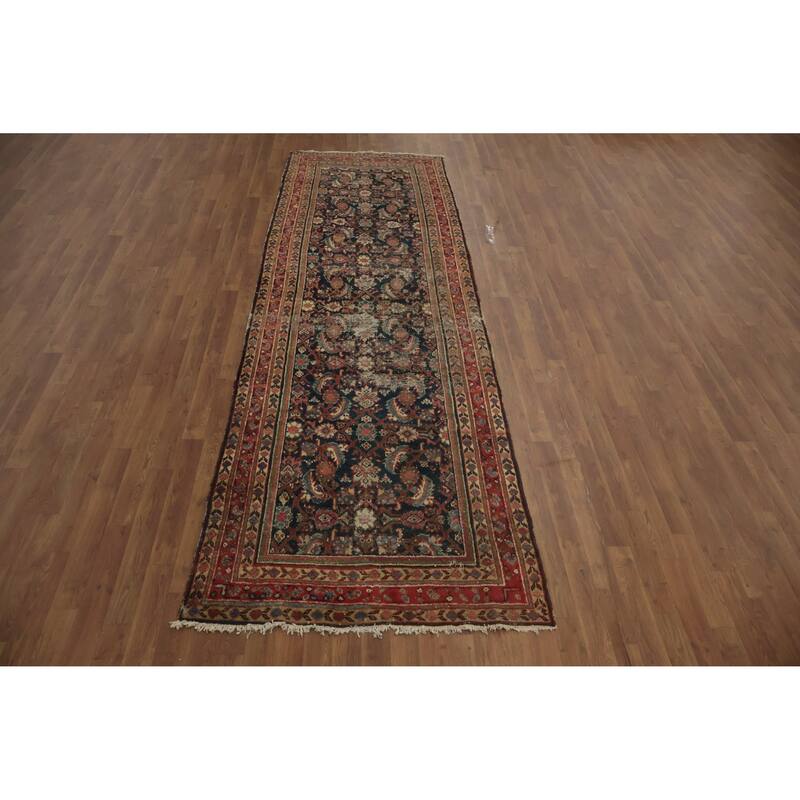 Hand Knotted Oriental 100% Wool Carpet Traditional Floral Navy Blue & Blues Malayer Runner Rug - 11' 4'' X 3' 7''