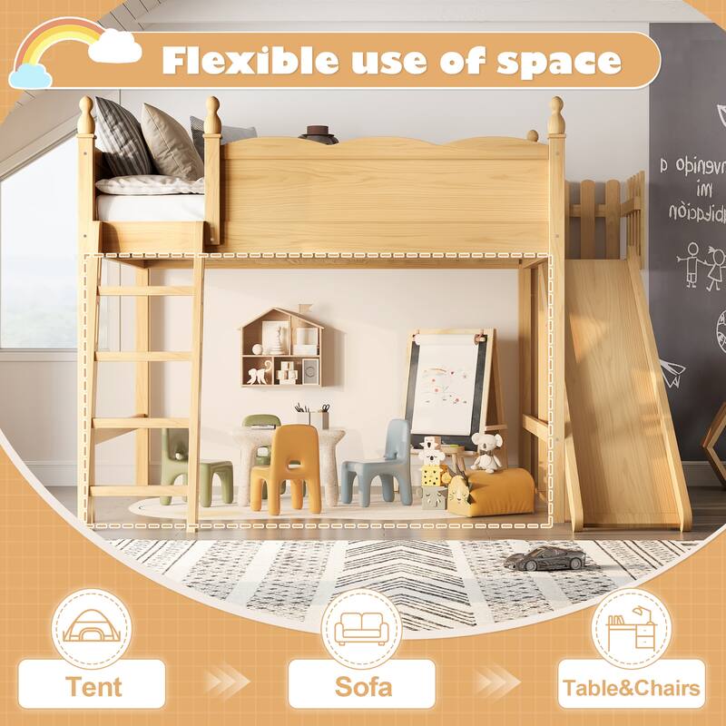 Modern High Loft Beds with Full Length Guardrails, Solid Wood Storage Loft Bed Frame with Detachable Slide and Ladders