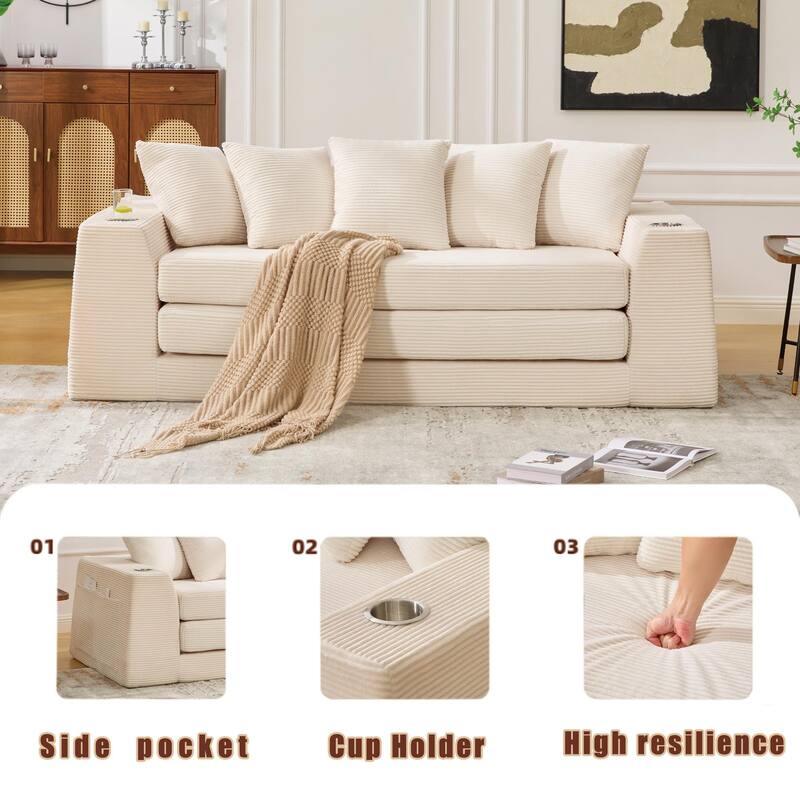 Modern Convertible Loveseat Sofa Bed, Corduroy Fabric Foldable Floor Couch w/5 Pillows, Side Pockets & Cup Holders, No Assembly