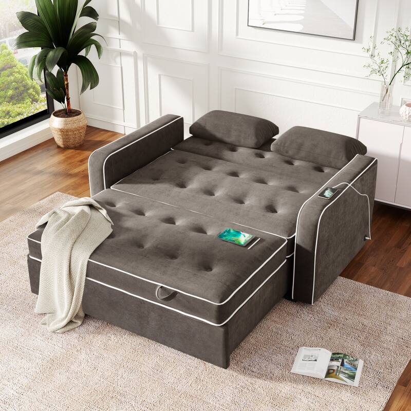 Upholstered Loveseat Pull Out Sofa Bed, Lounge Couch w2 Pillows & 2 USB Port, Adjustable Backrest Futon Sofa Tufted Couch