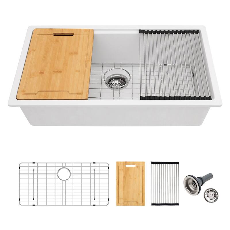 Lordear 33" Kitchen Sink Quartz Composite Undermount Workstation Single Bowl with Accessories - White - 33 in.W x 19 in.D x 9.63 in.H