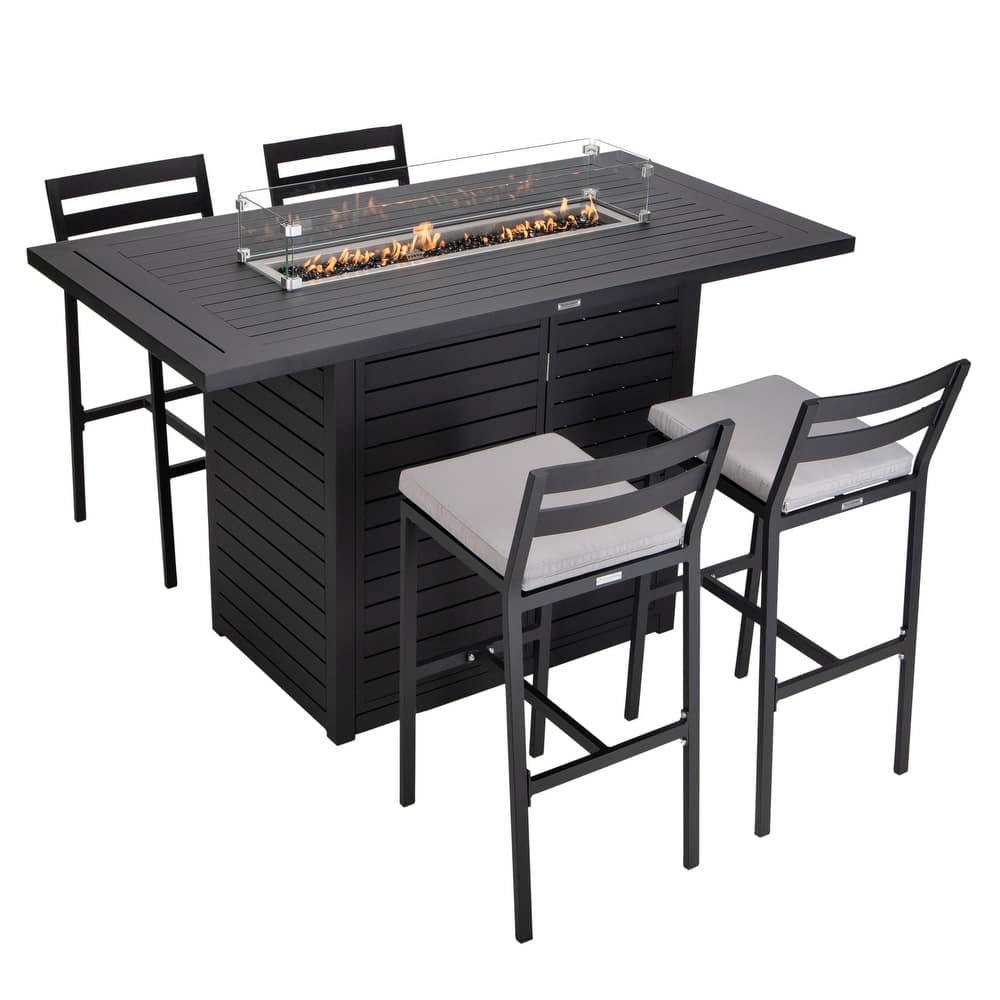 Leisuremod Modern 5-Piece Outdoor Patio Dining Bar Set Aluminum Rectangular Fire Pit Table and 4 Barstool