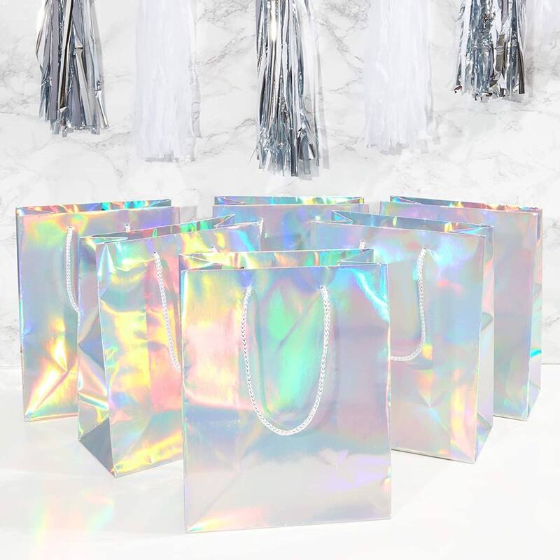 Sparkle and Bash 24 Pack Silver Holographic Gift Bags with Handles (10 x 8 x 4.25 In)