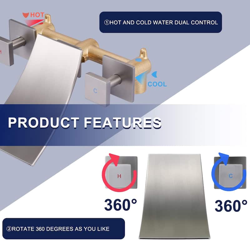 WOWOW Double Handle Wall Mount Waterfall Bathroom Bathtub Faucet
