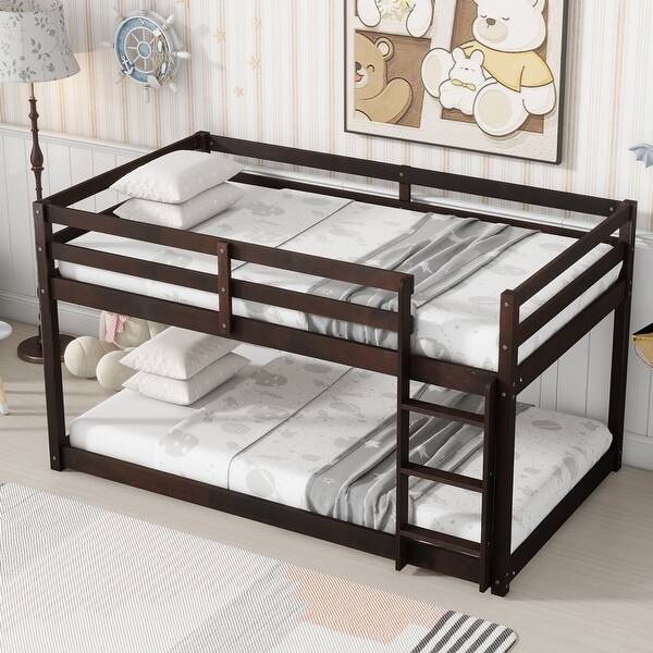 slide 2 of 97, Low Loft Bed with Ladder, Solid Rubber Wooden Bed Frame for Multi Children, Floor Bed - Available with or without Slats Espresso No Slats Floor - Twin