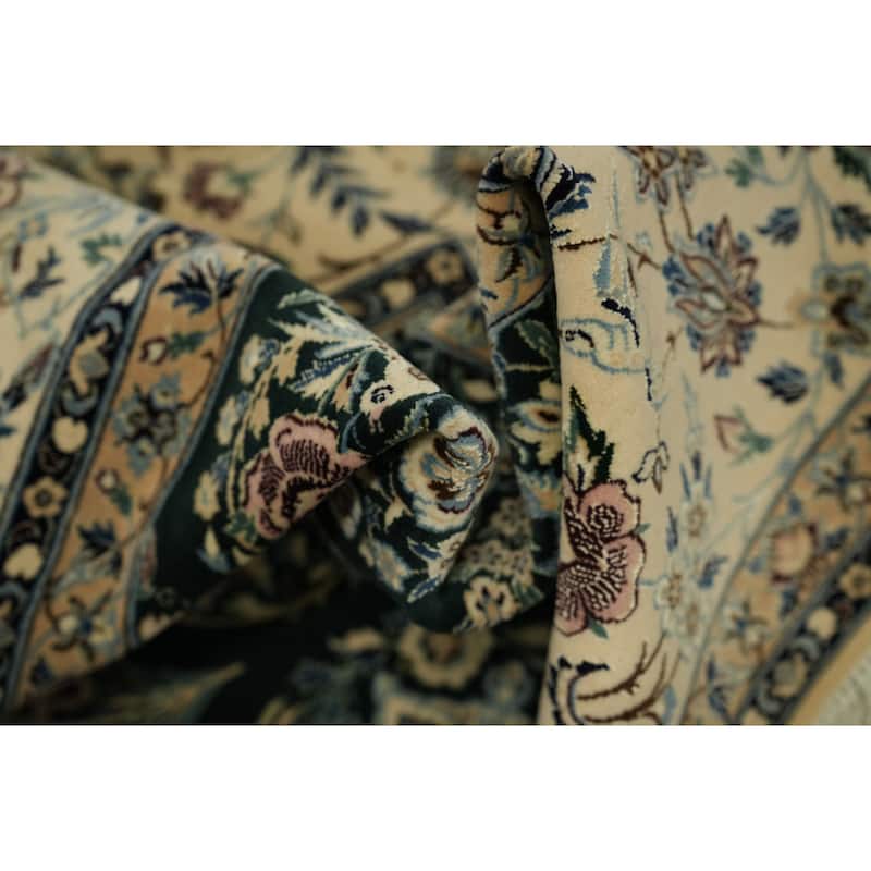 Hand Knotted Oriental Wool & Silk Carpet Traditional All-Over Navy Blue & Blues Nain Area Rug - 8' 3'' X 6' 7''