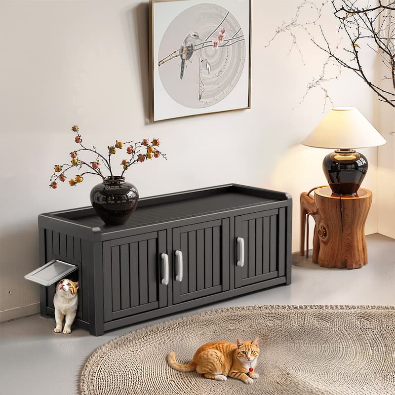 Multi-Door Cat Cabin & Storage Cabinet, Resin Shoe Rack Style Pet House with Hidden Entry