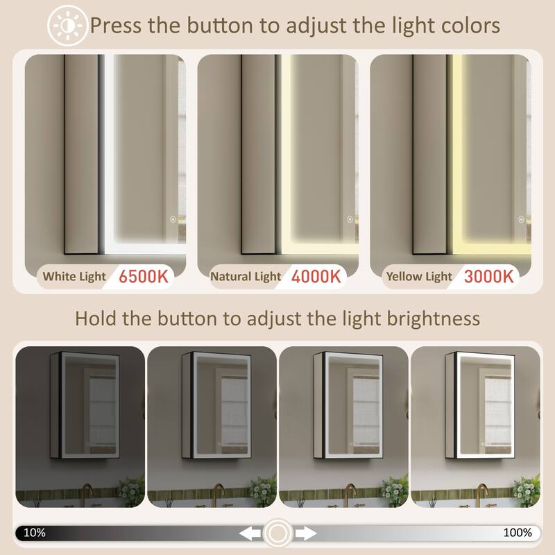 Grand Aluminum Medicine Cabinet with Mirror, Adjustable Shelves, Dimmable Light, Anti-Fog, Recessed or Wall Mount