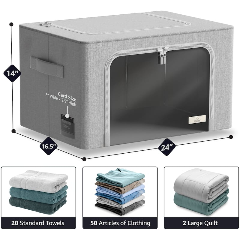 Sorbus Jumbo Storage Bins with Metal Frame Stackable Foldable Clothes Organizer Bags Oxford Fabric & Clear Window & Handles- 4Pk