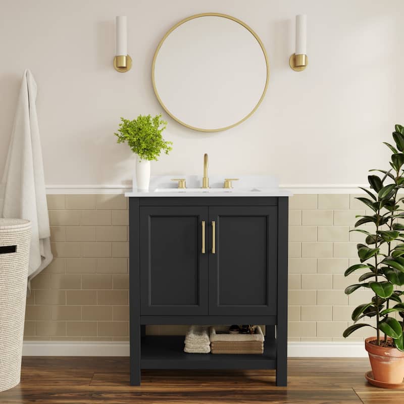 Bathroom Vanity with Undermount Sink and Open Storage Shelf - 30 Inch -  Black Frame/Gold Hardware