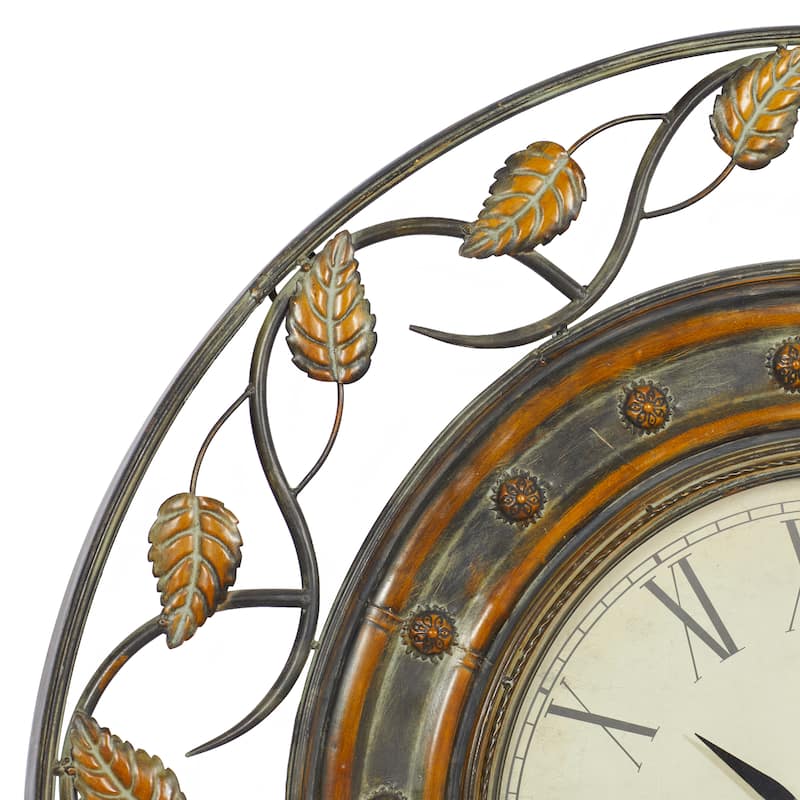 Metal Leaf Wall Clock with Scrolled Vines - Brown - Roche River Decor - 3"W x 36"L x 36"H