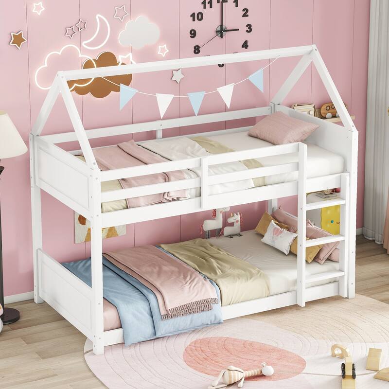 Twin Over Twin House Floor Bunk Bed with Headboards, Footboards and Guardrails, Ladder, Rubber Wood Bunk Bed