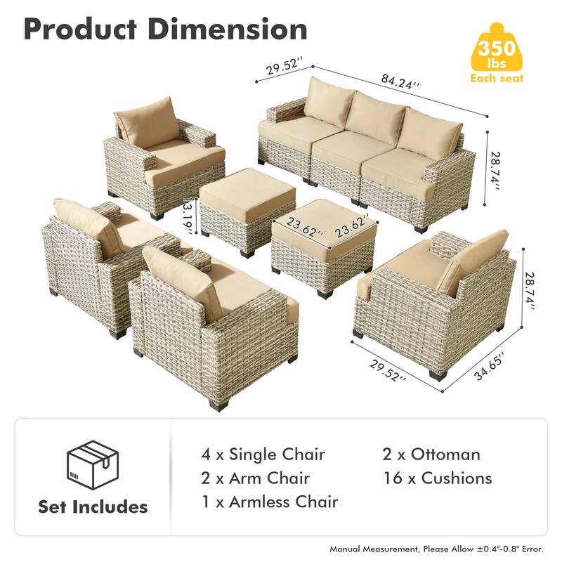 OVIOS 9 Pieces T shaped Seat Wide Armrest Set With Ottoman