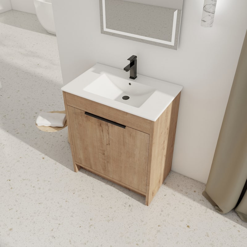 30" Freestanding Bathroom Vanity with White Ceramic Sink ,2 Soft-Close Cabinet Doors
