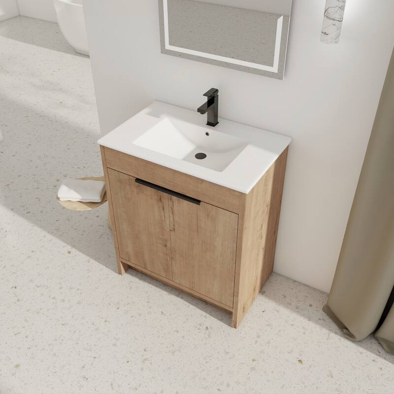 Freestanding Bathroom Vanity with Ceramic Sink, Adjustable Shelf, Metal Handles, Soft Closing Hinges - 30in L Plywood