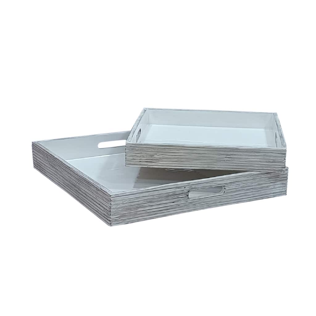 Set of 2 Wooden Square Trays White Wash 20x20 & 16x16 -ST - White