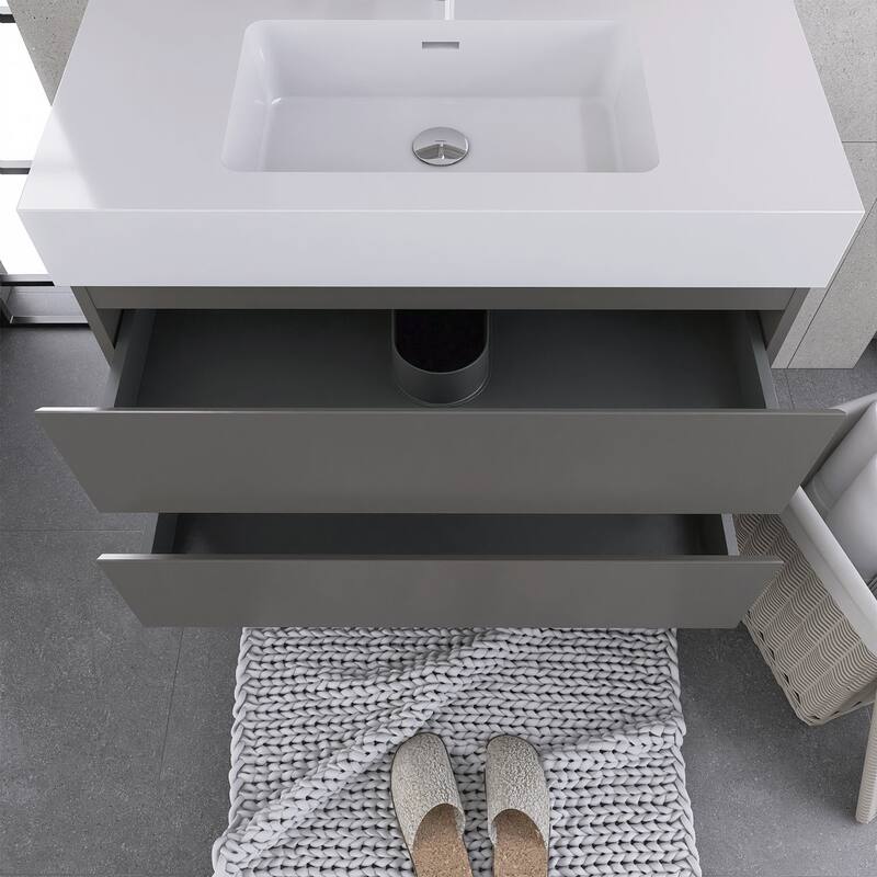 Wood Wall-Mounted Bathroom Vanity Set with White Integrated Resin Sink