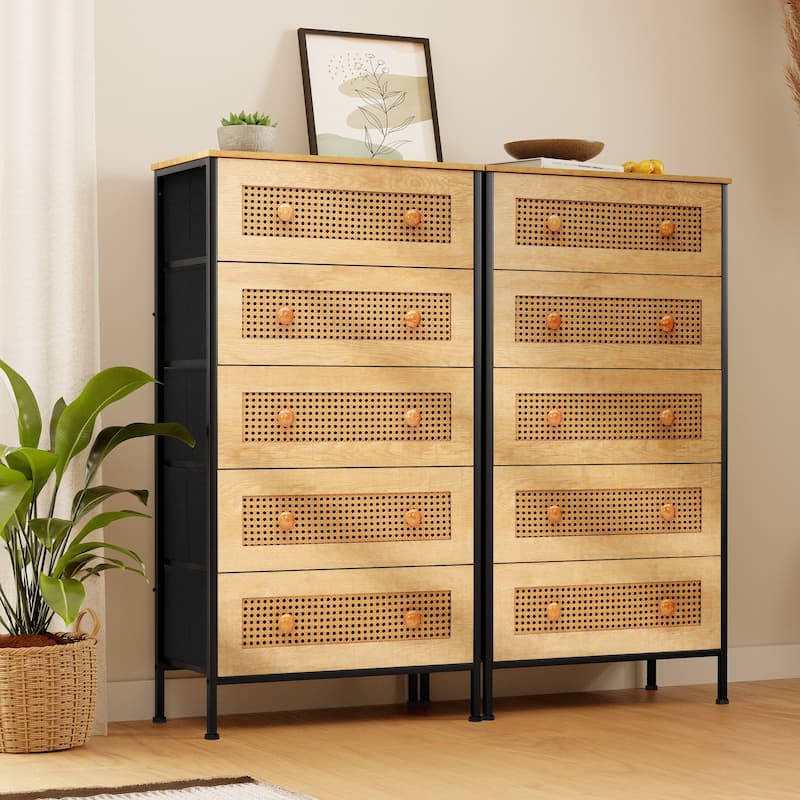 Crestlive Dresser Closet PE Wicker Rattan Storage Tower Organizer Chest of 5 Drawers - 2-piece Set, Natural